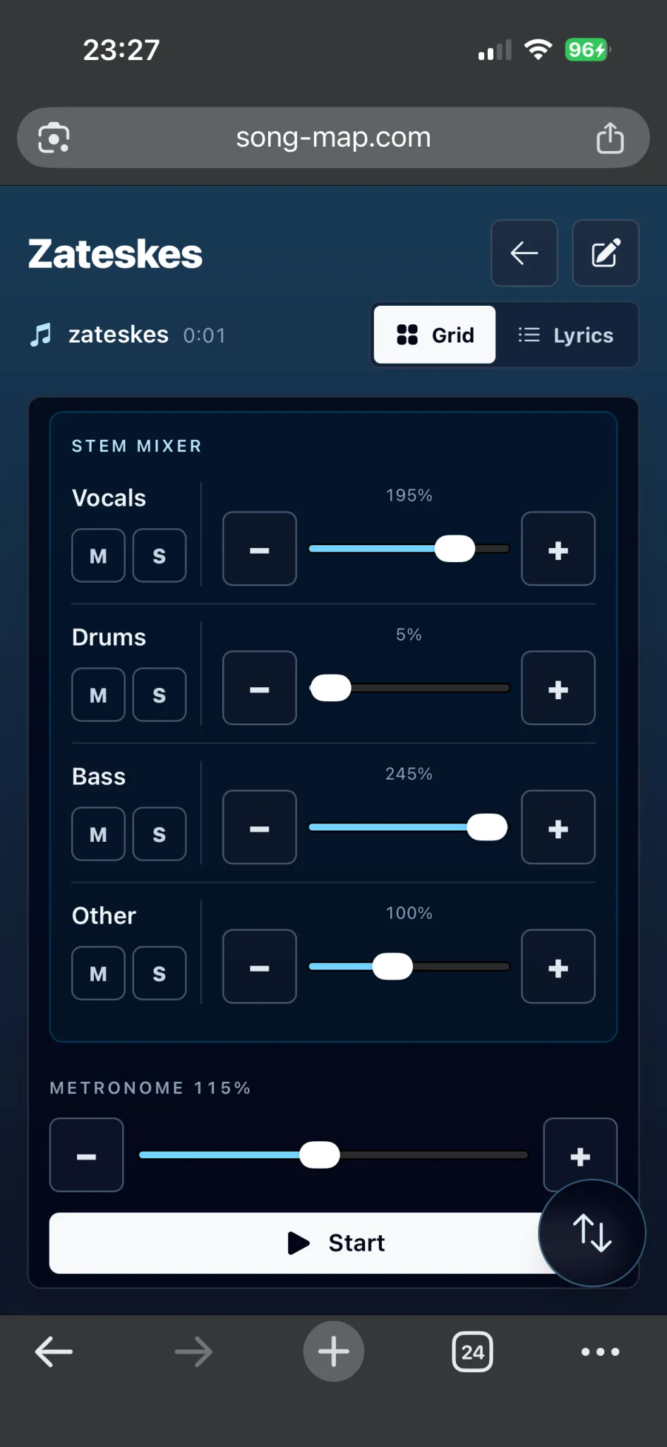SongMap four-stem mixer with separate vocals, drums, bass and other controls