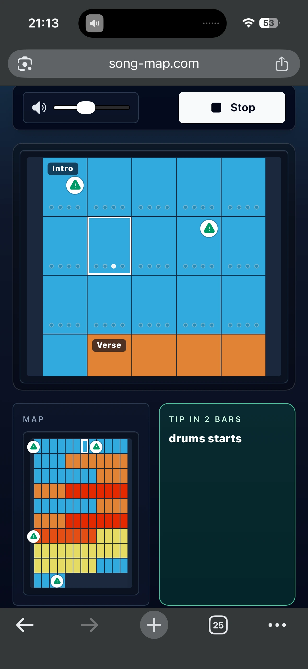 SongMap performance screen with song map and metronome