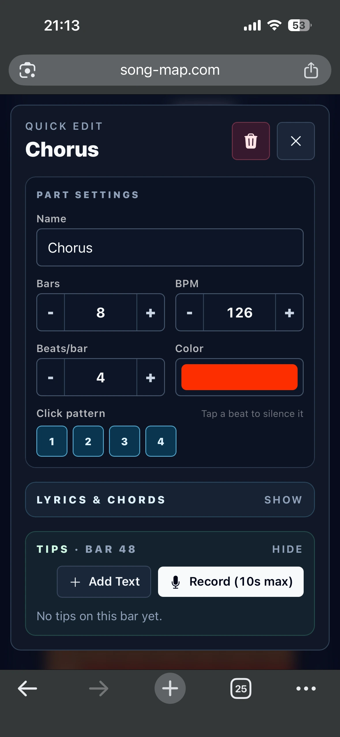 SongMap song or setlist sharing screen